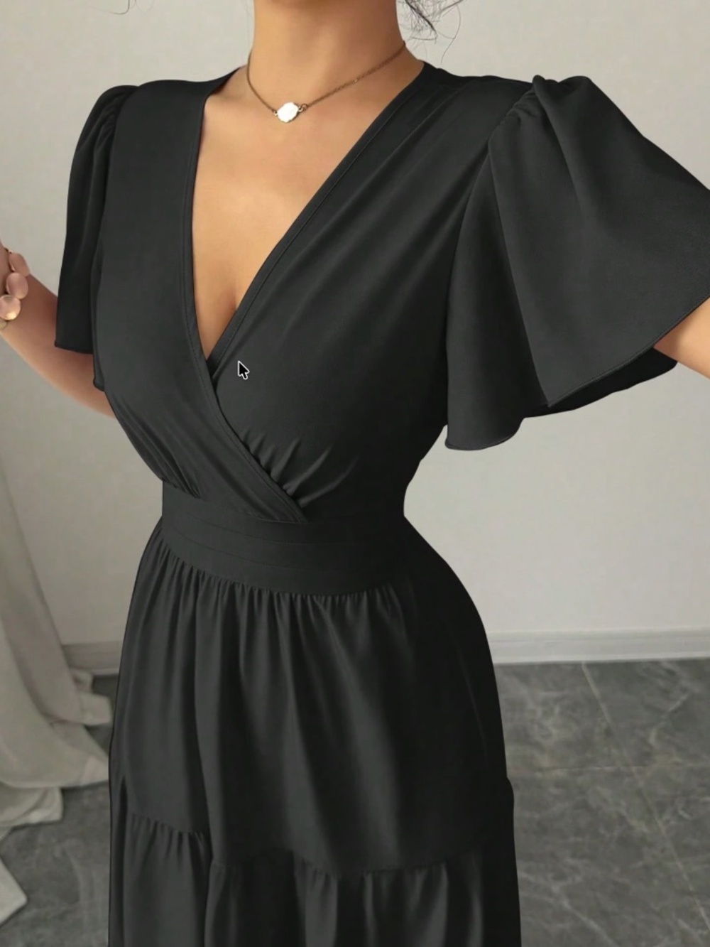 Classic V neck Solid Flounce Sleeve High Waisted Maxi Dress - Picture 12 of 13